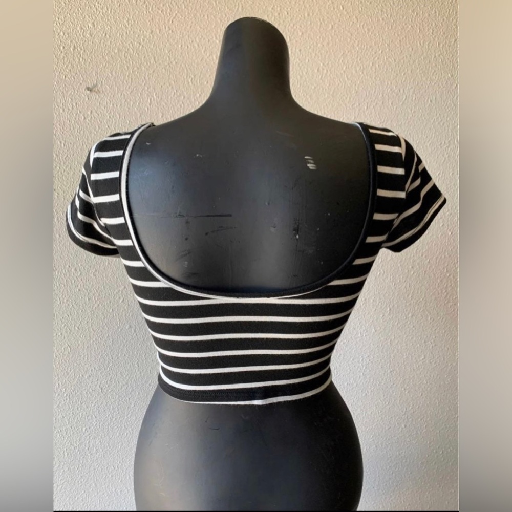 Poetry Small Black Cropped Top Short Sleeve Tee with White Stripes - Picture 3 of 7